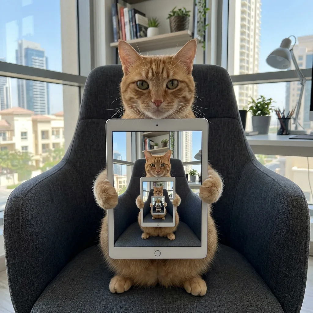 قط منزلي يمسك لوحًا ذكيًا وتكرار متناهي (تأثير دروستي)