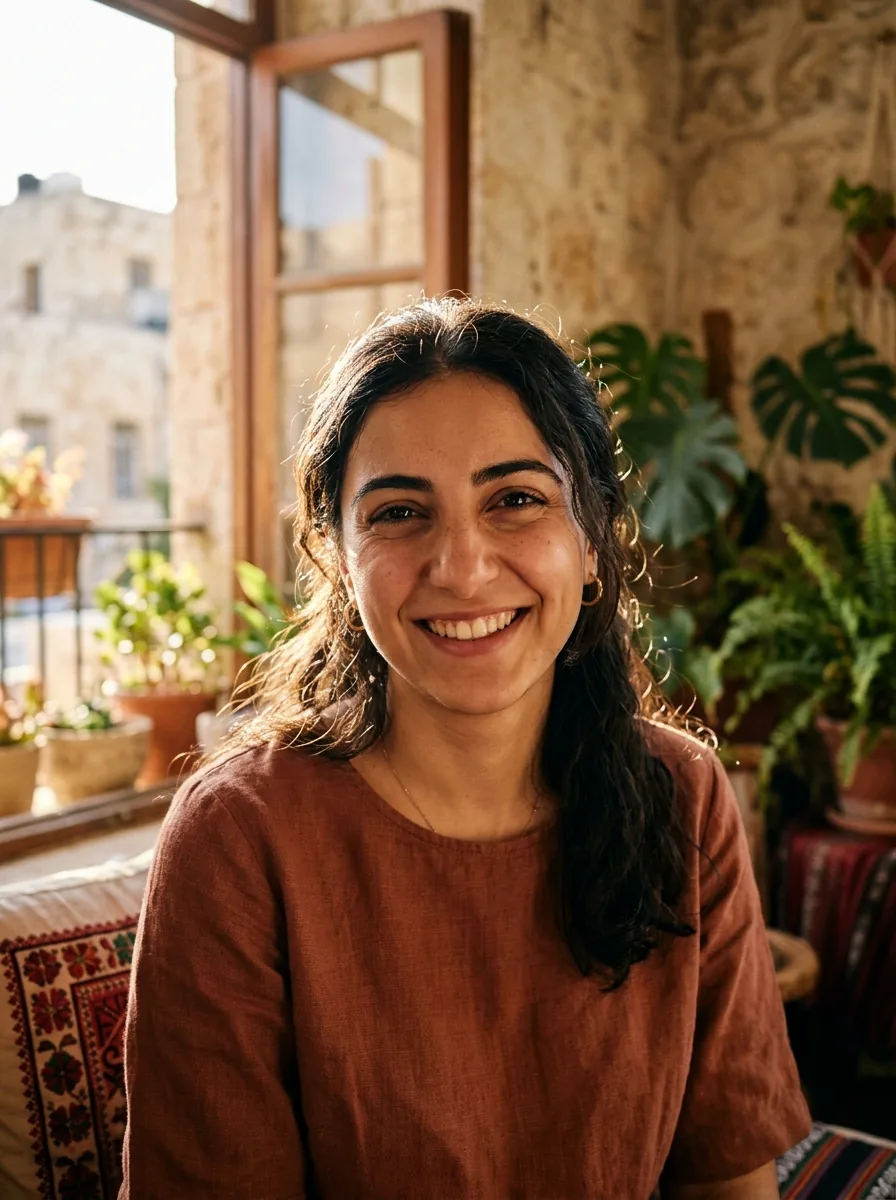 بورتريه سينمائي لشابة عربية بإضاءة طبيعية دافئة