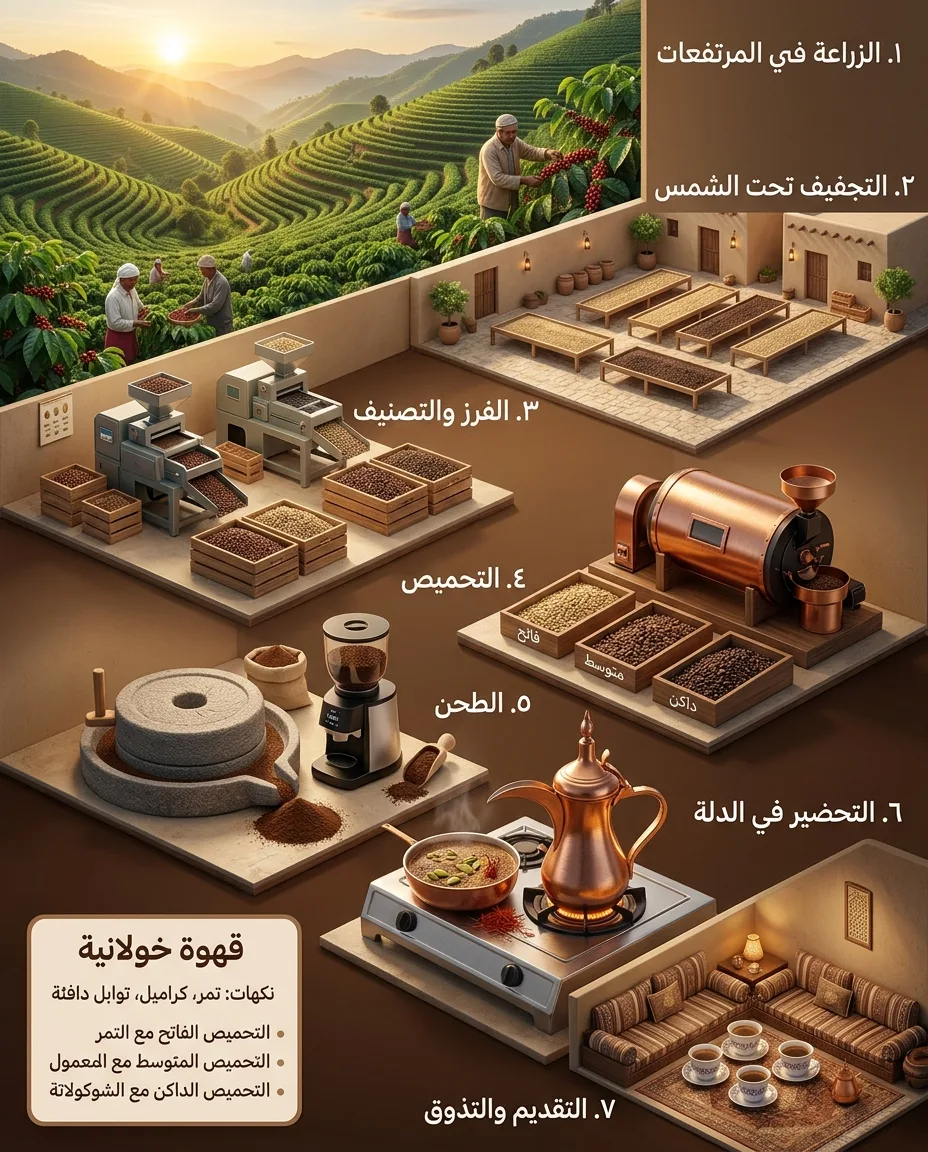 رحلة القهوة الخولانية من المزرعة إلى الدلة في سبع مراحل