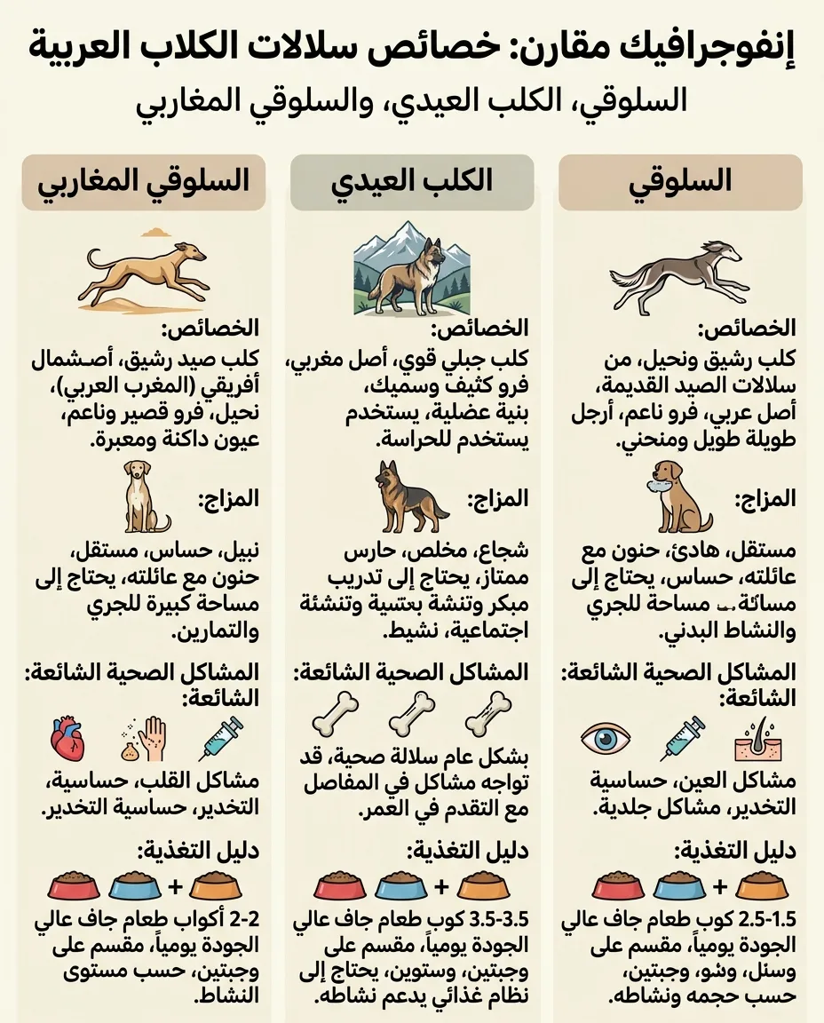 إنفوجرافيك مقارن: خصائص سلالات الكلاب العربية (السلوقي، الكلب العيدي، والسلوقي المغاربي)