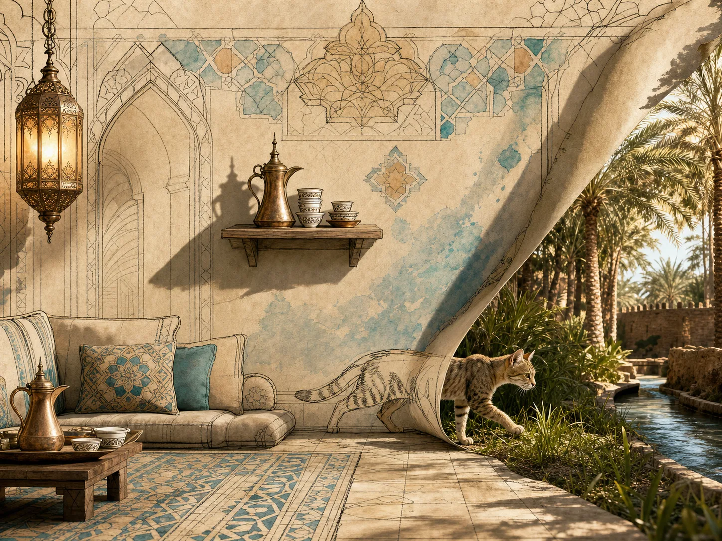 مجلس عربي بين الرسم ثنائي الأبعاد وواحة ثلاثية الأبعاد