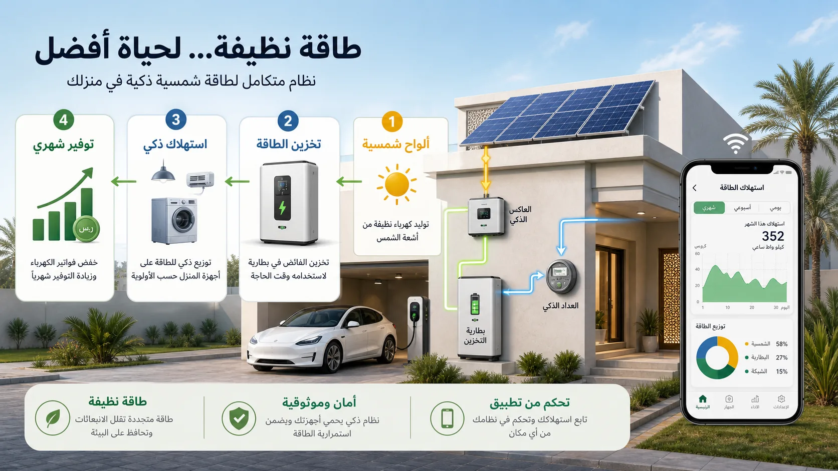 إنفوجرافيك نظام طاقة شمسية لمنزل عربي