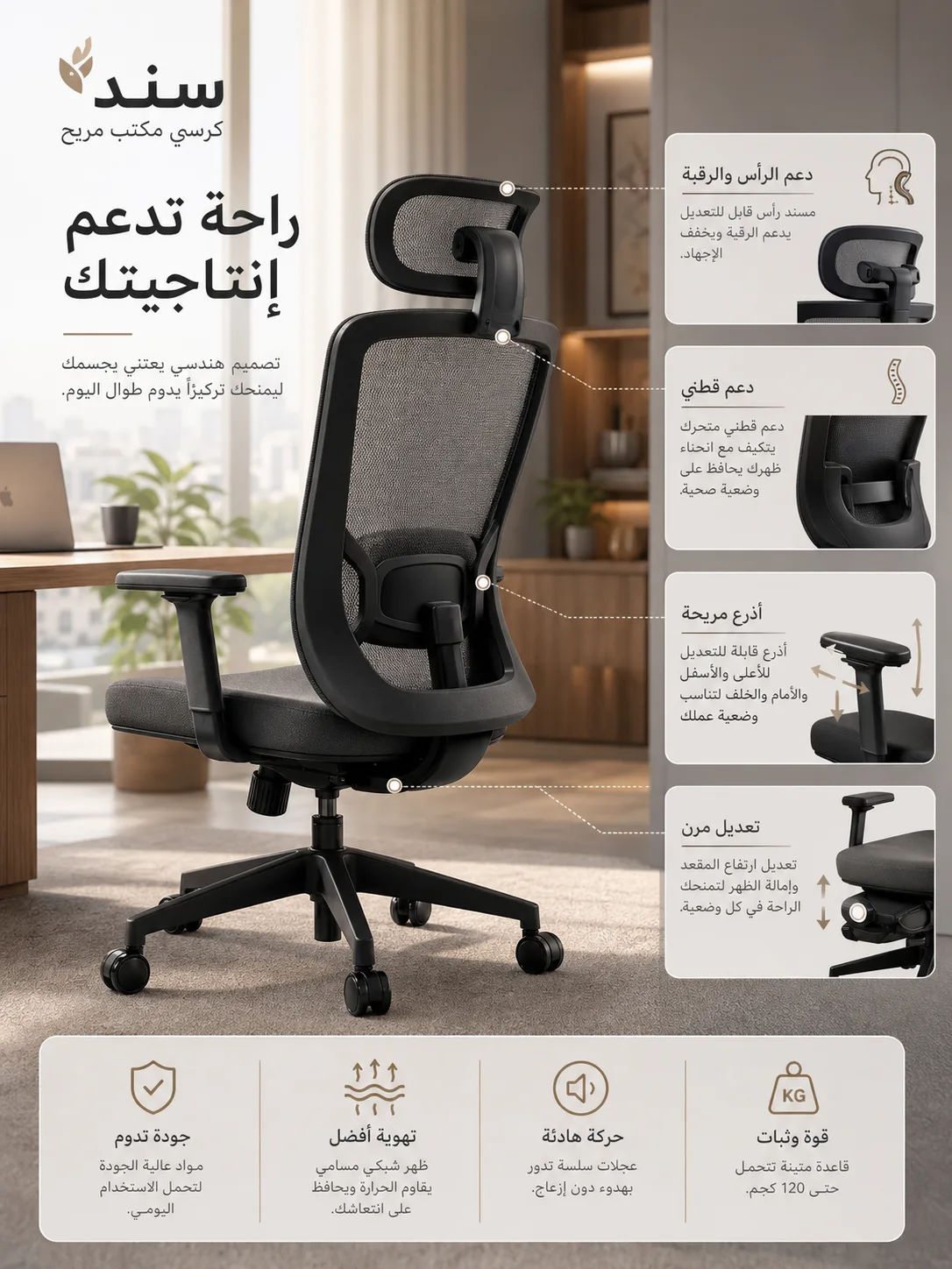 ملصق ميزات كرسي مكتب مريح للعمل الطويل