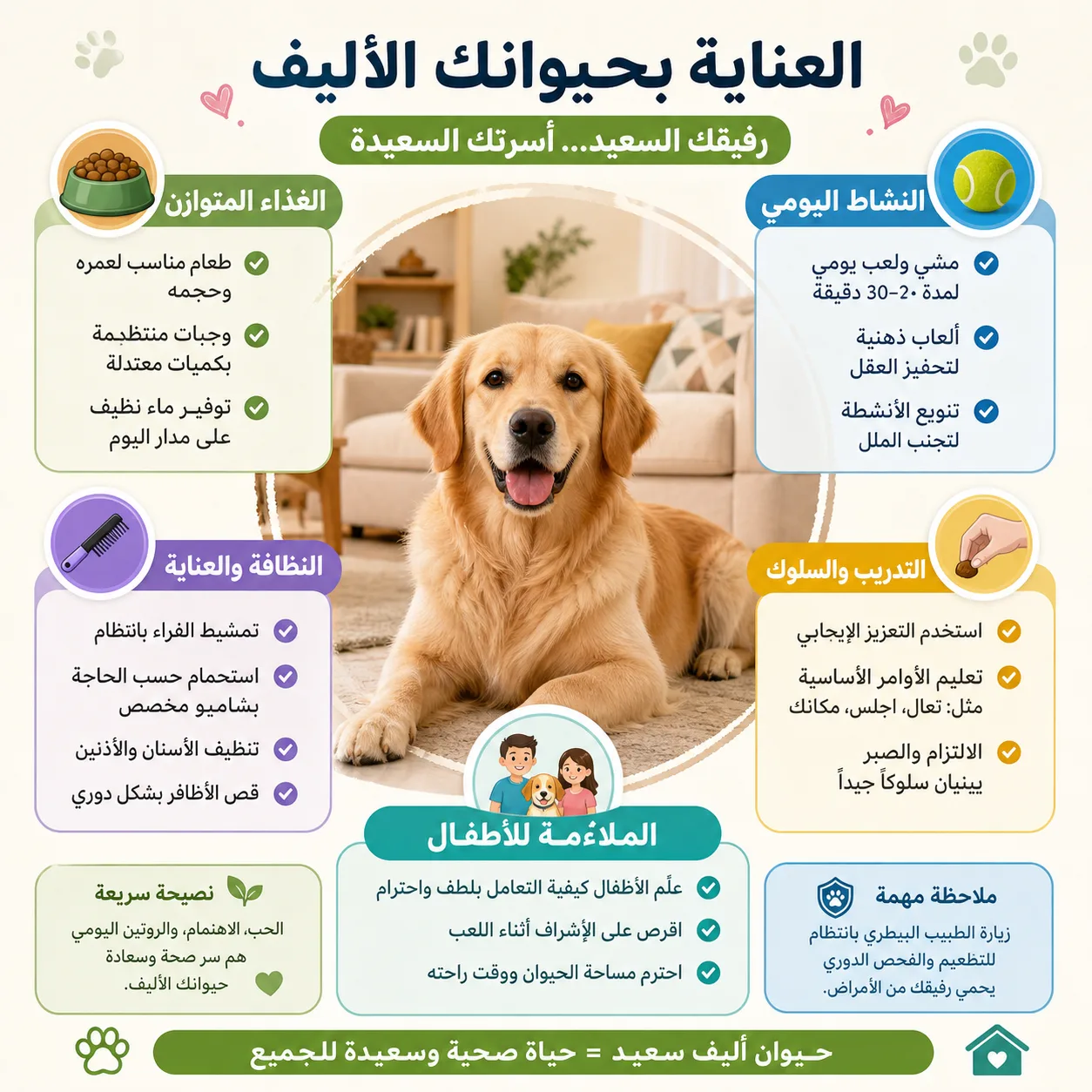 إنفوجرافيك عربي عن العناية بحيوان أليف في المنزل