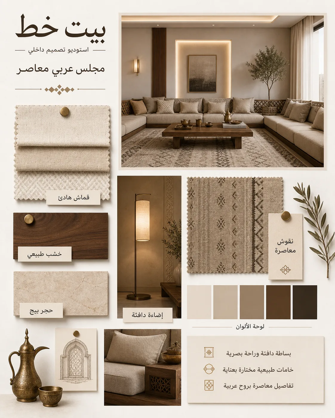 لوحة مزاج لتصميم مجلس عربي معاصر