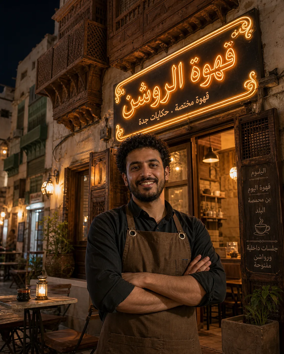 بورتريه صاحب مقهى مضاء بالنيون في جدة التاريخية