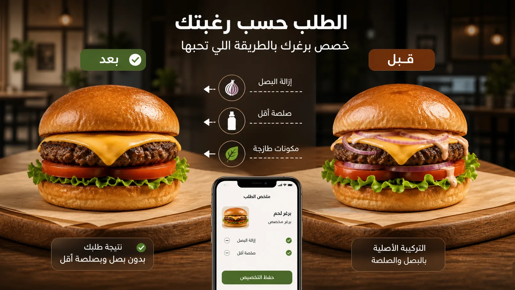 تحرير صورة برغر حسب تفضيلات الطلب