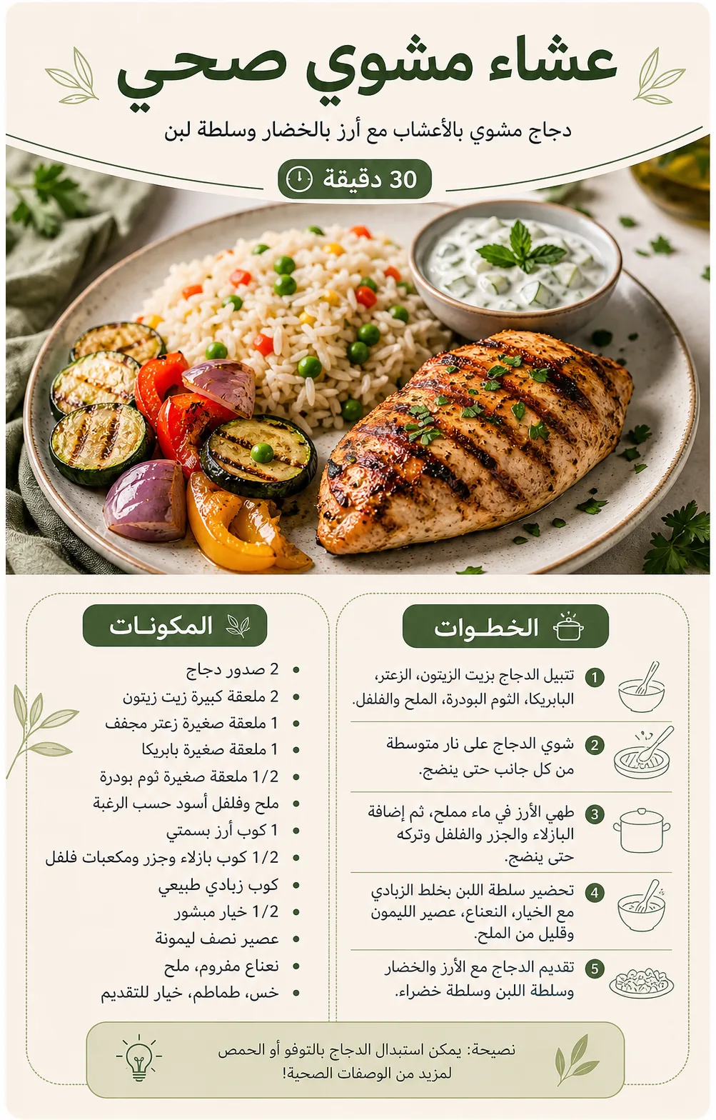 بطاقة وصفة عربية لعشاء مشوي صحي