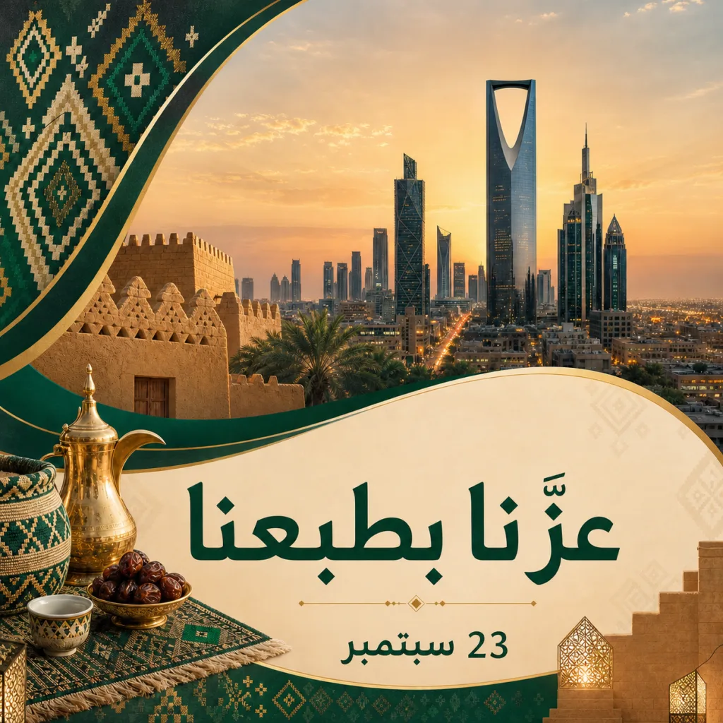 ملصق اليوم الوطني بشعار عزّنا بطبعنا