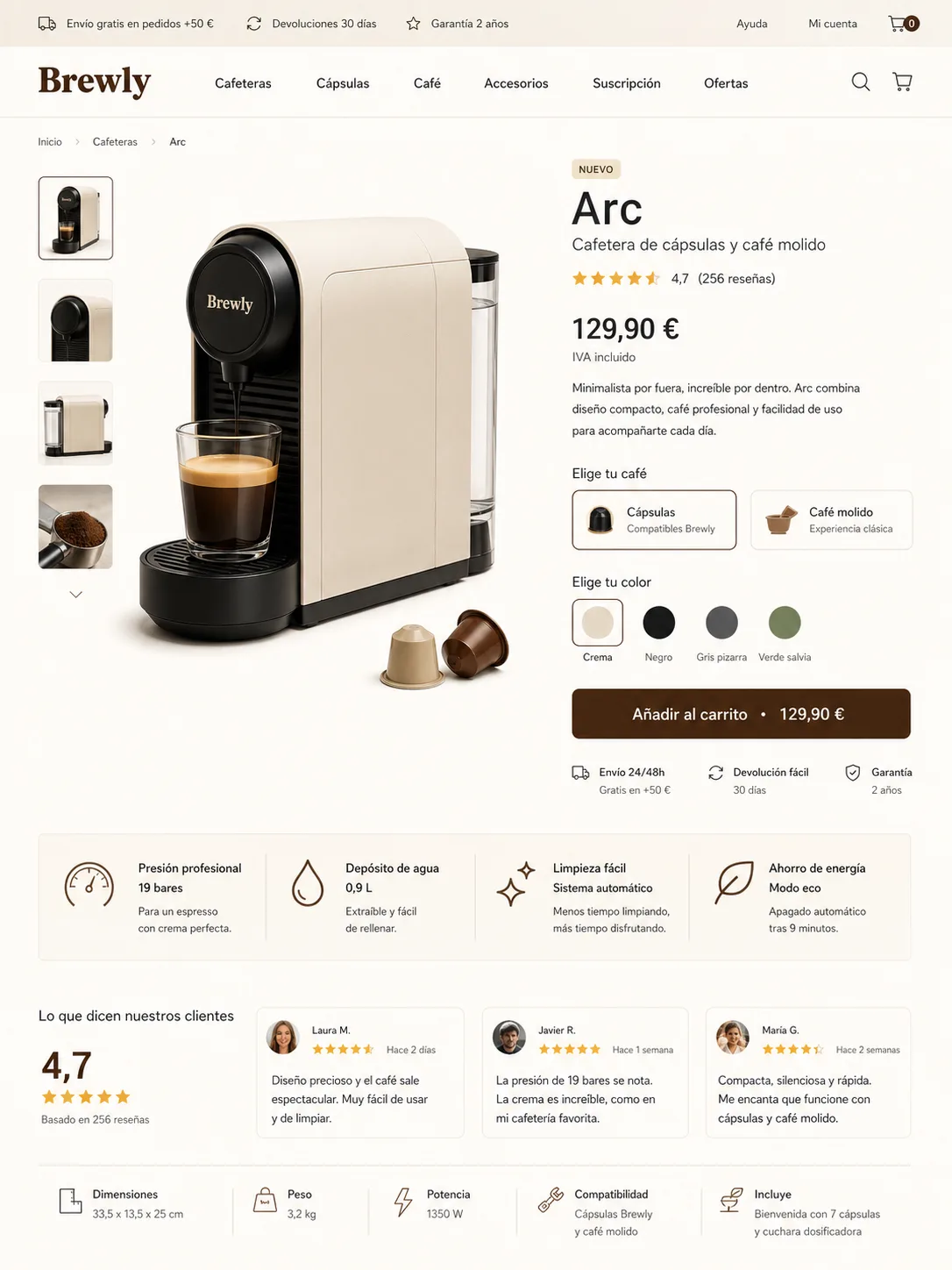 Página de producto cafetera Brewly Arc