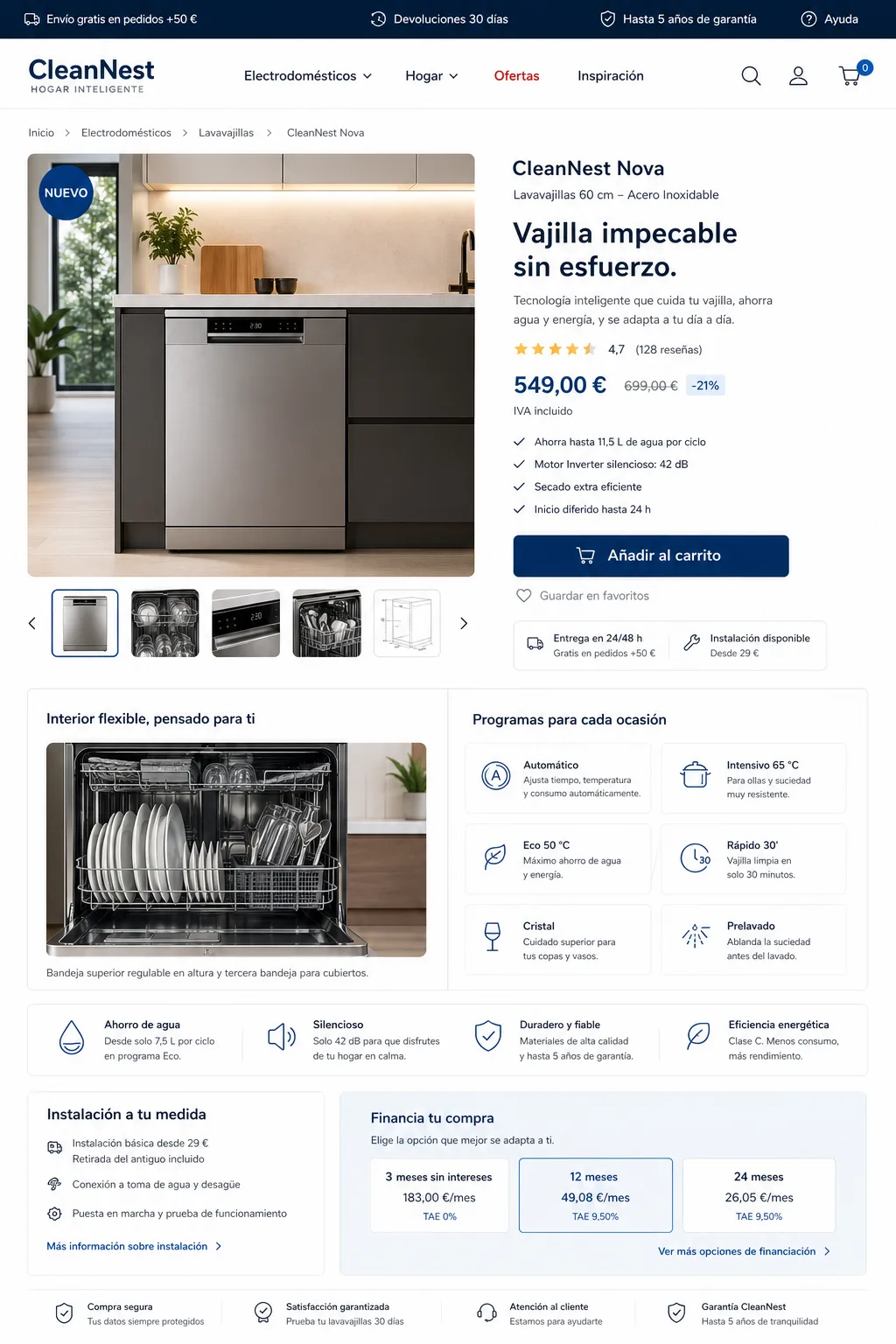 Página de producto lavavajillas CleanNest Nova