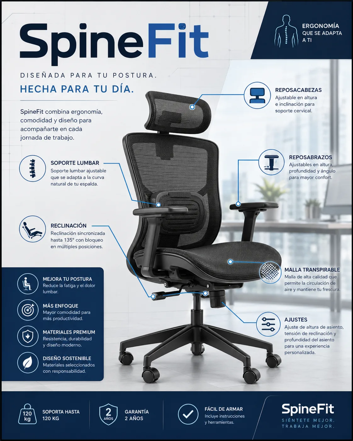 Póster funciones silla ergonómica