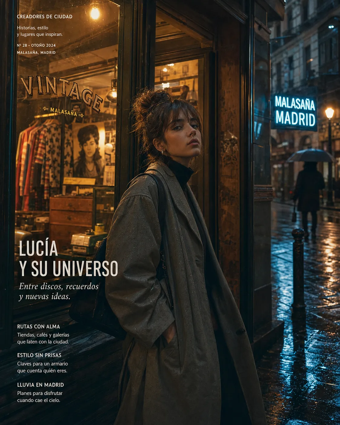 Retrato en tienda con neón de Malasaña