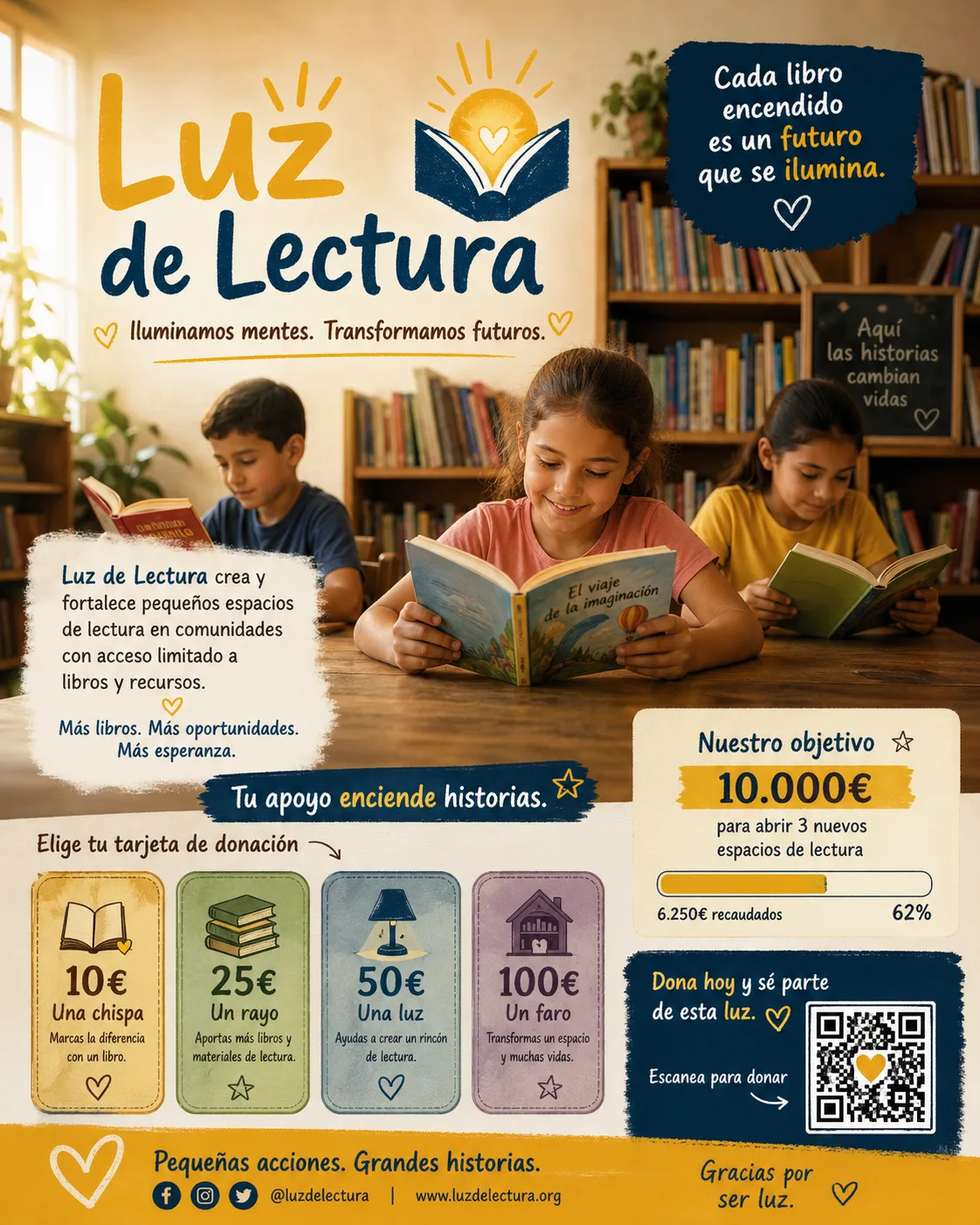 Póster donación lámparas lectura infantil