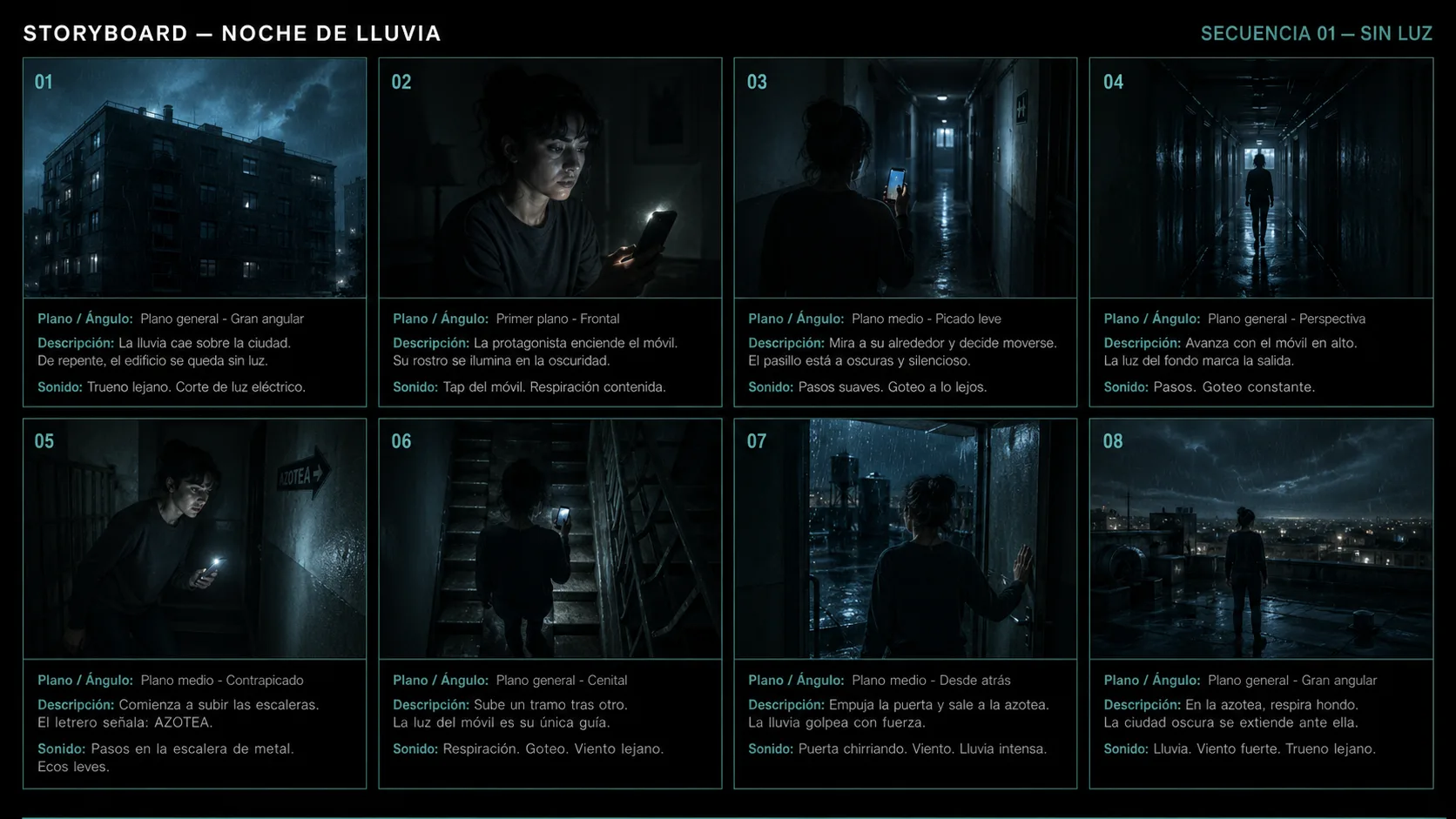Storyboard de apagón en noche lluviosa