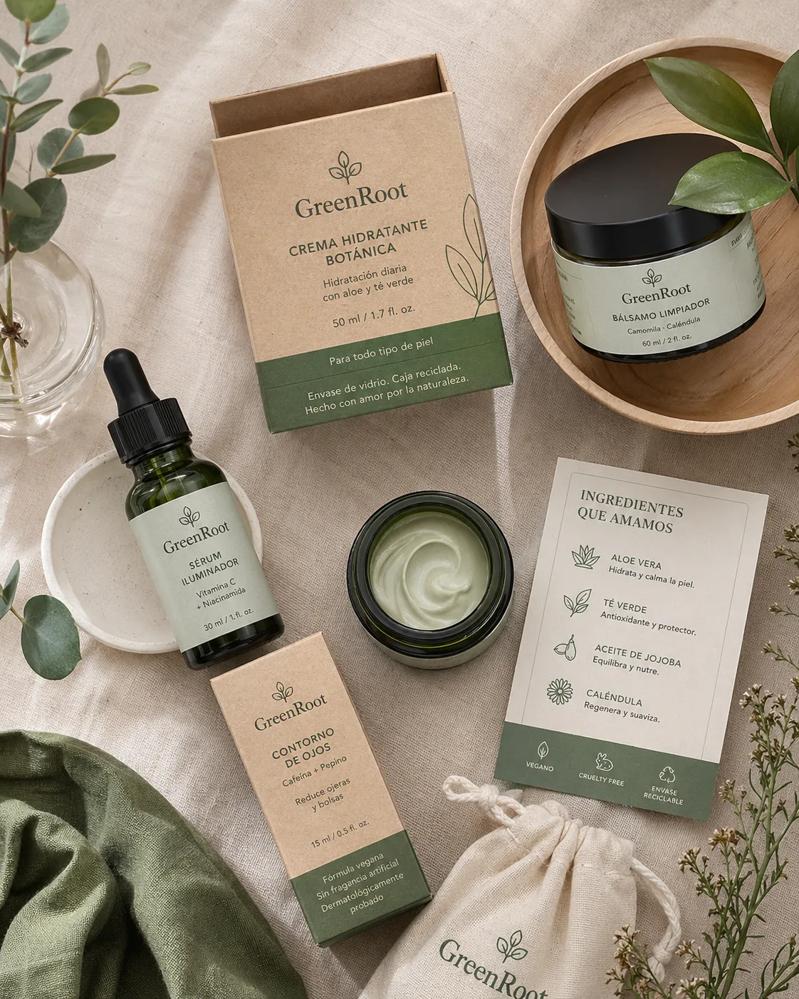 Flatlay skincare sostenible