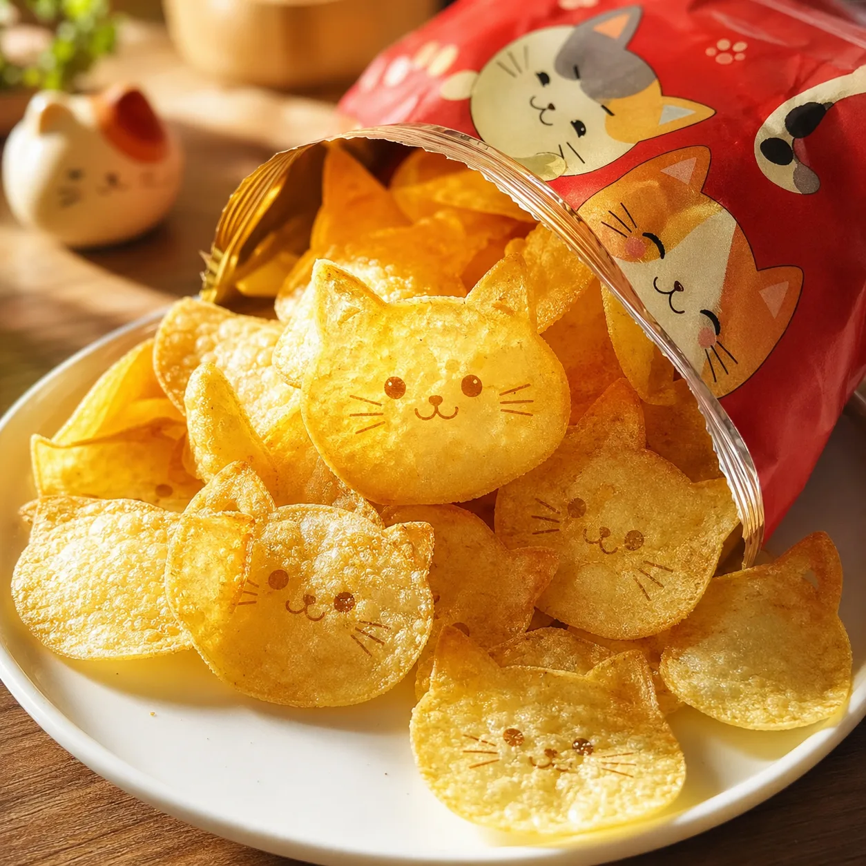 Adorable Cat-Shaped Potato Chips in Cat-Themed Packaging with Translucent Effect