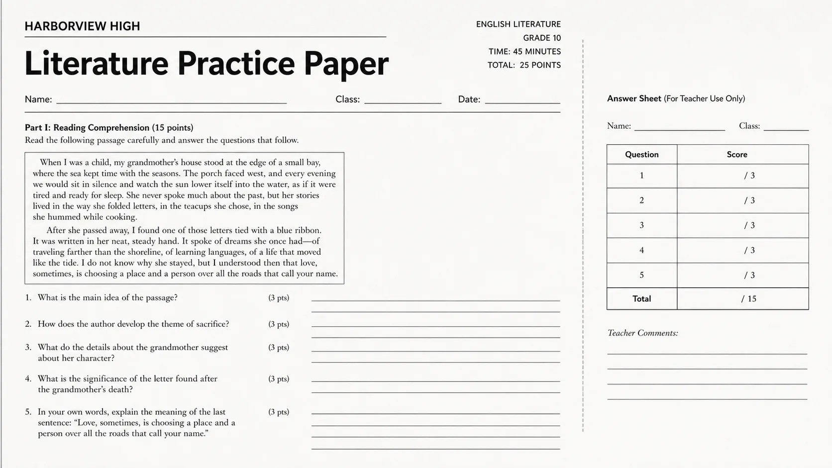 Harborview Literature Practice Paper