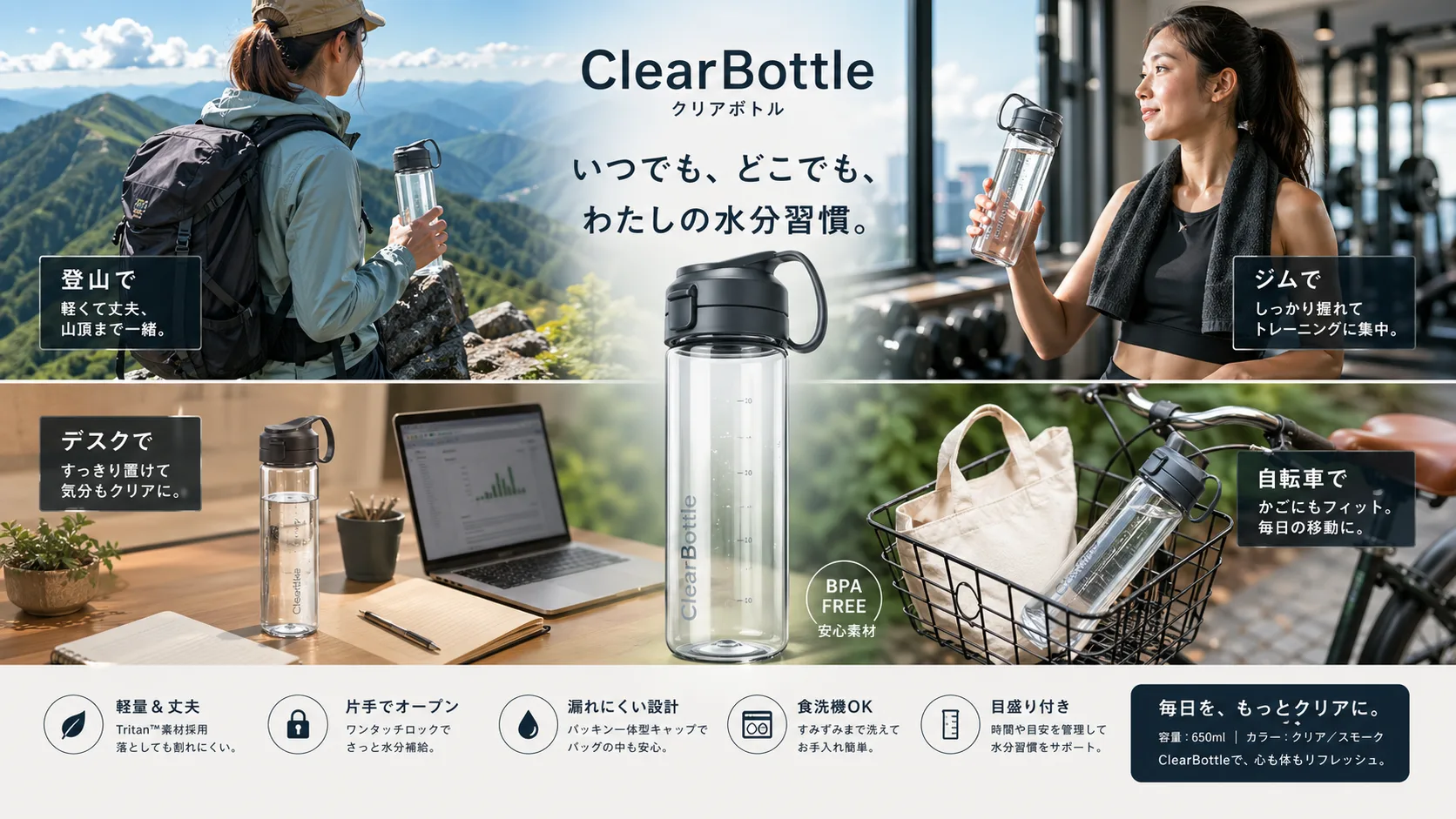 ClearBottle 複数シーン合成ポスター