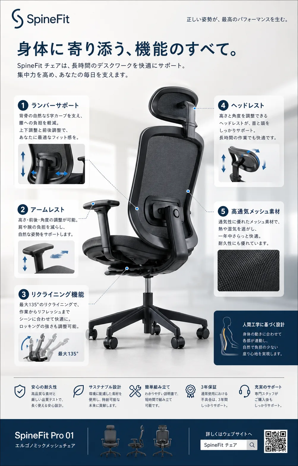 エルゴノミックオフィスチェア機能ポスター
