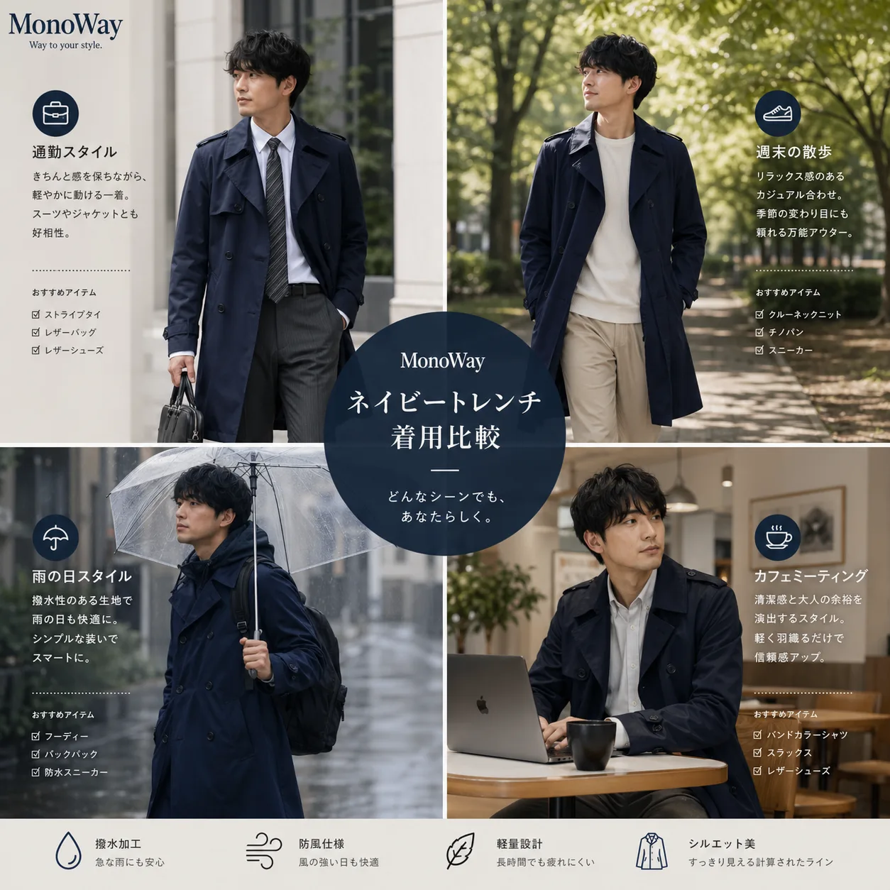 ネイビートレンチコート着用グリッド