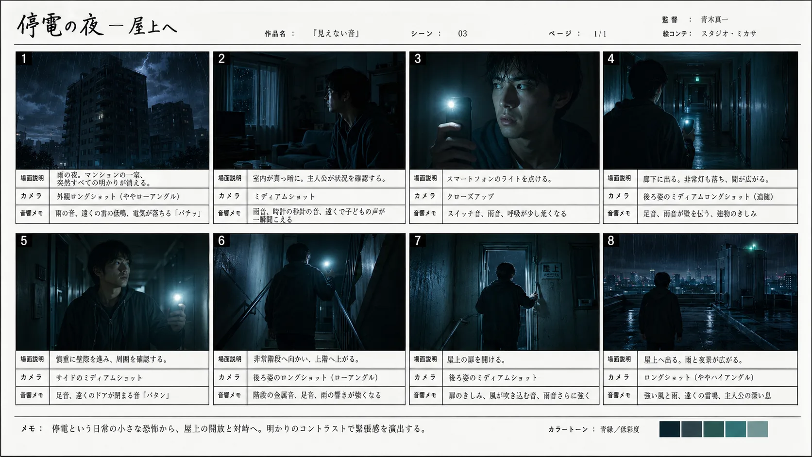 雨の夜の停電シーン絵コンテ