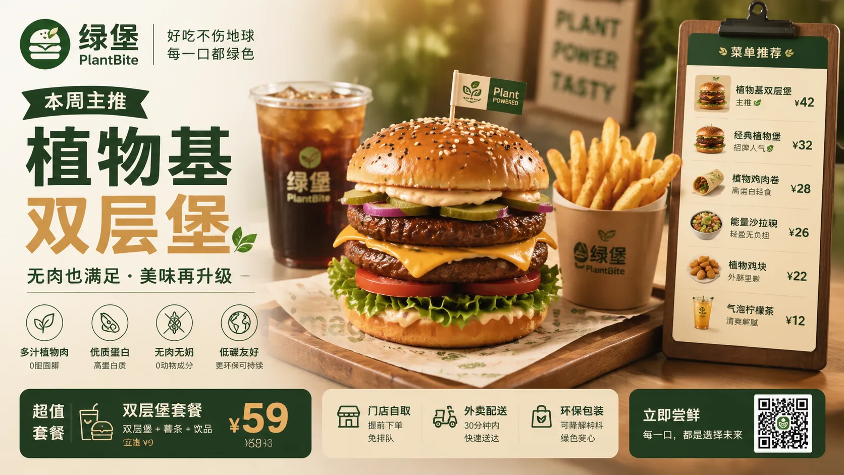 绿堡植物基汉堡菜单主推图