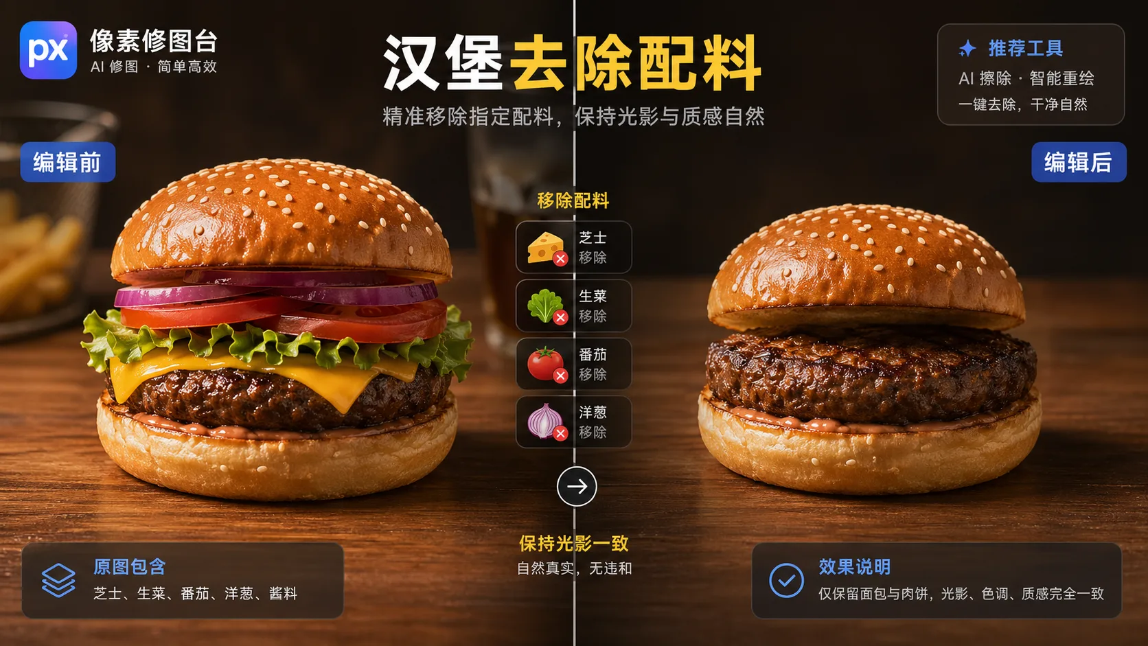汉堡去除配料前后对比