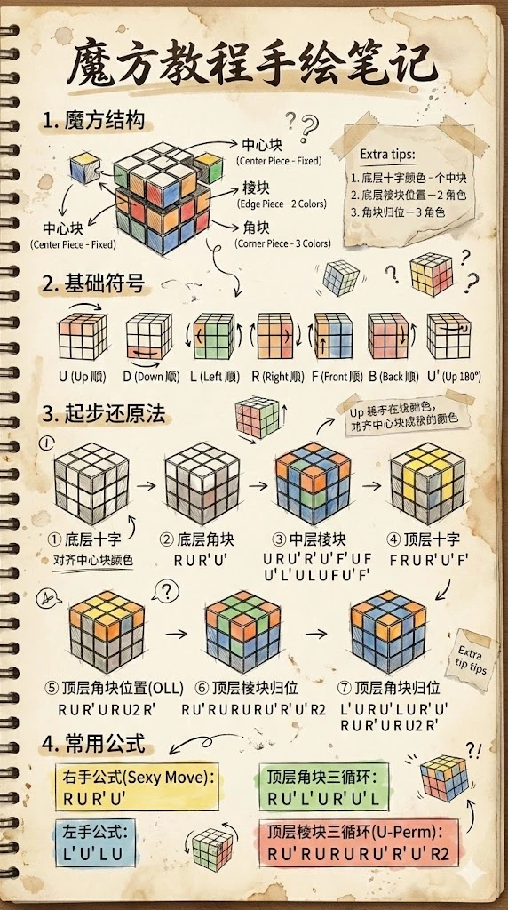 Notas Dibujadas a Mano del Tutorial del Cubo Rubik Salida
