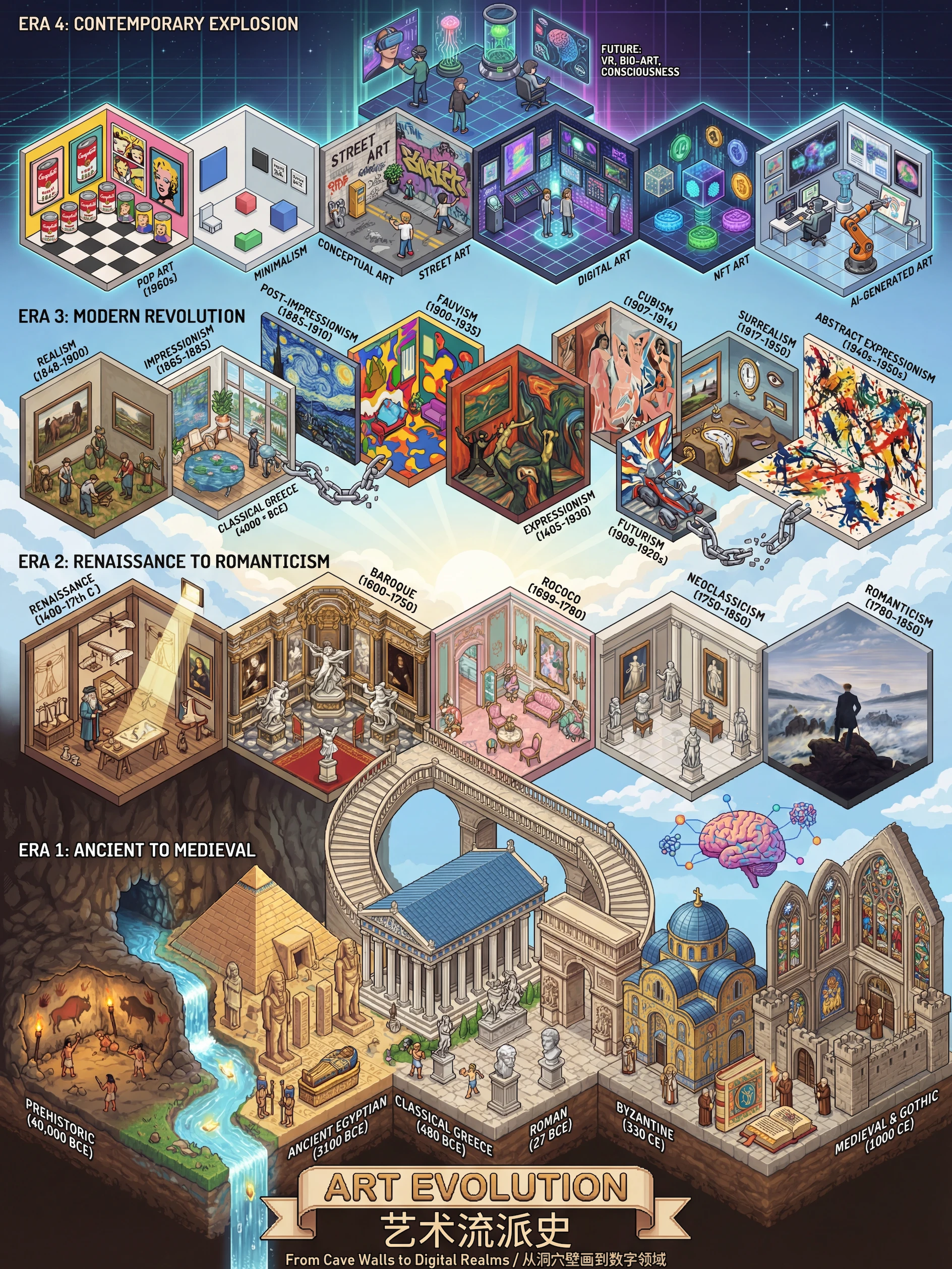 Línea de Tiempo de Historia de Movimientos Artísticos en Pixel Art Isométrico Salida