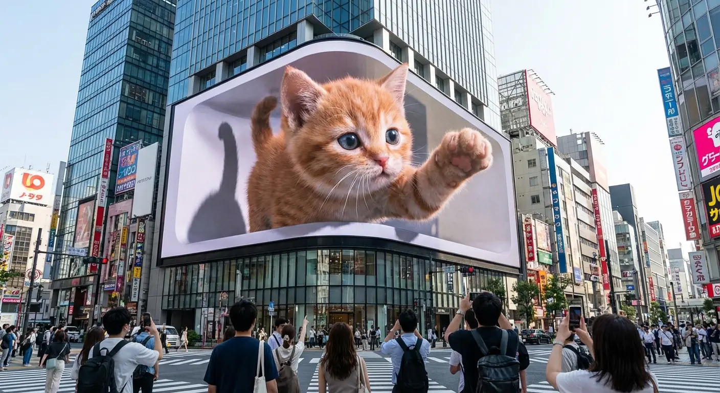 무안경 3D LED 빌보드: 화면 밖으로 튀어나오는 거대 귀여운 고양이 출력
