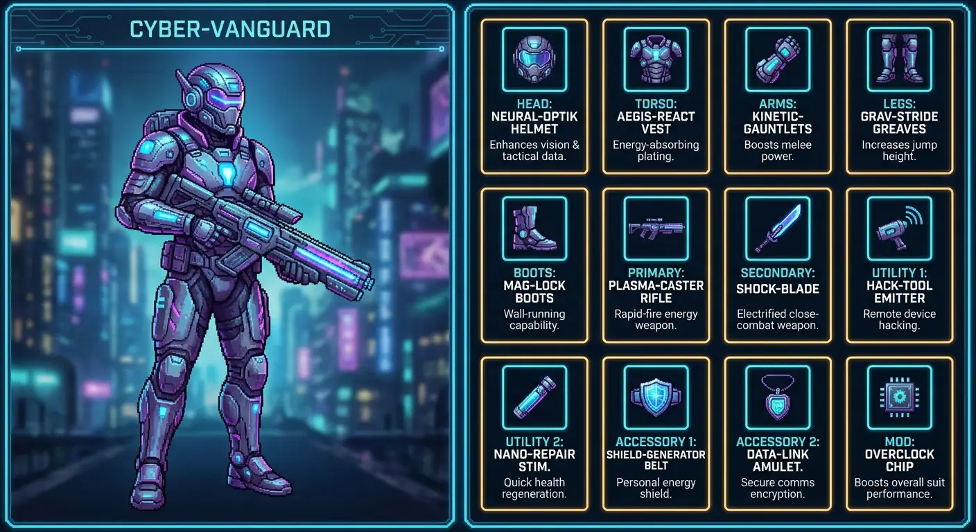 Diseño de Pantalla de Equipamiento: Guerrero Cyberpunk con Desglose Detallado de Equipo Salida