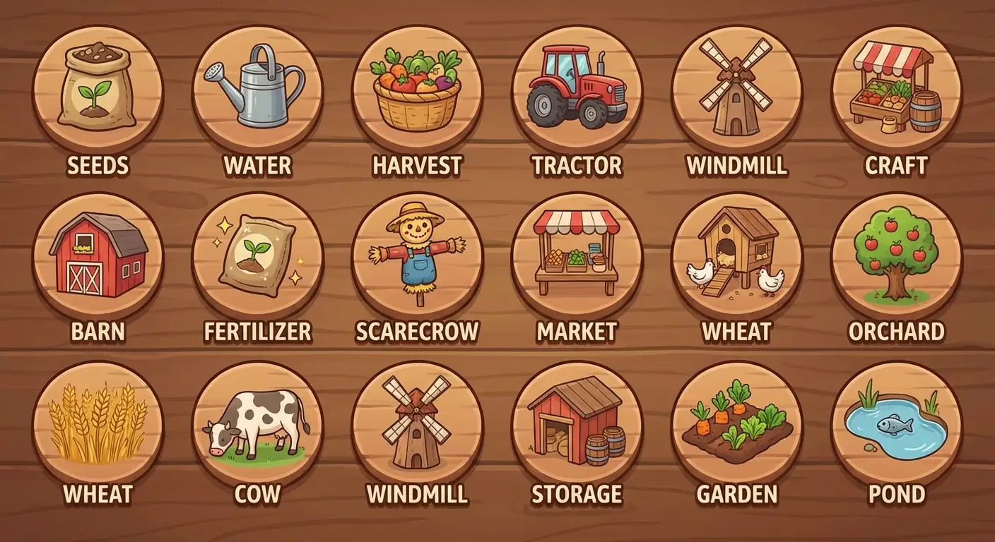 Iconos de UI para Juego Casual de Granja: 16 Elementos de Interfaz Etiquetados en Estilo Consistente Salida