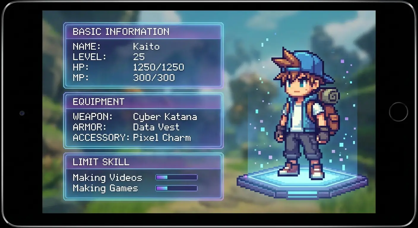 Panel de Estado de Personaje RPG Estilo Japonés con Personaje Cartoon 3D e Interfaz Transparente Salida