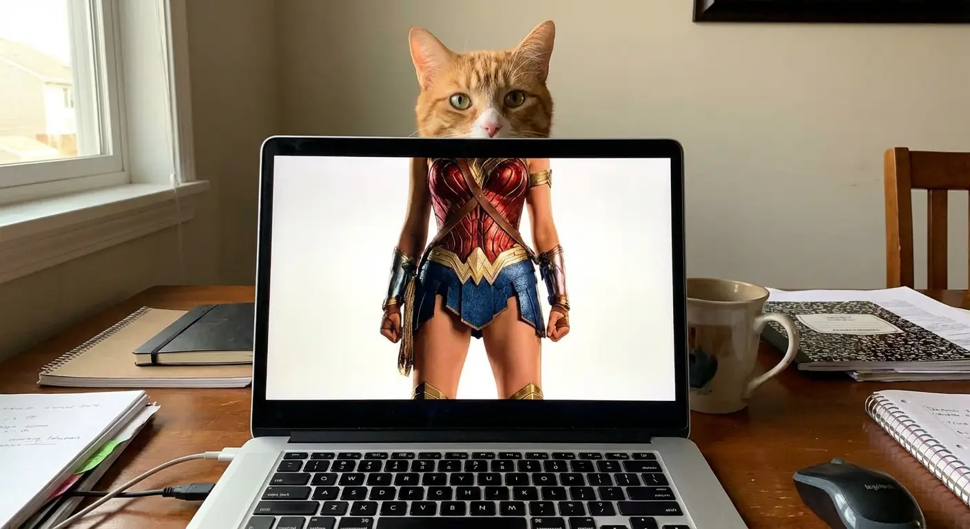 창의적인 사진 착시: 노트북 화면의 Wonder Woman 머리를 고양이 머리로 대체 출력