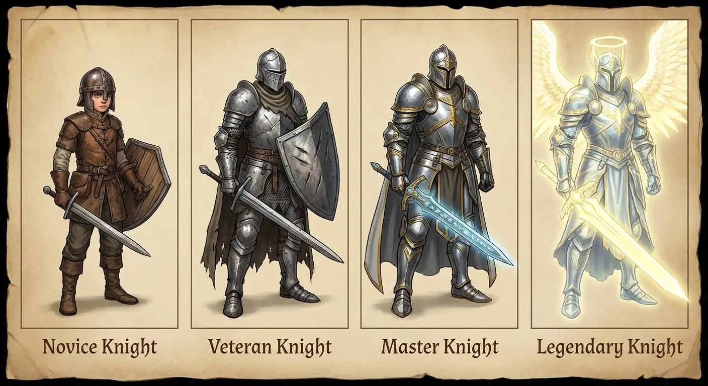 Diseño de Progresión de Personaje Caballero Fantástico: 4 Etapas de Evolución de Novato a Legendario Salida