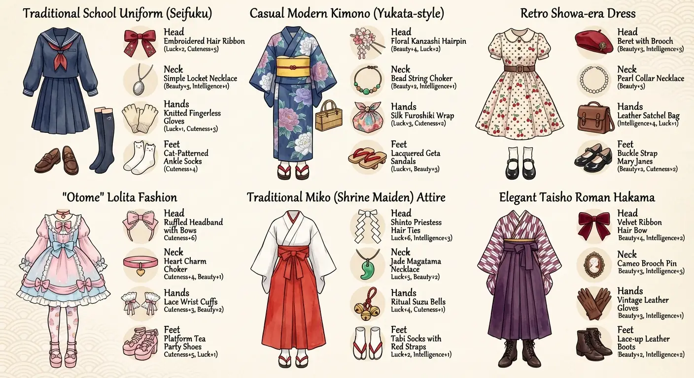 Accesorios de Juego de Simulación Romántica Japonés: 6 Atuendos con 4 Accesorios Cada Uno Salida