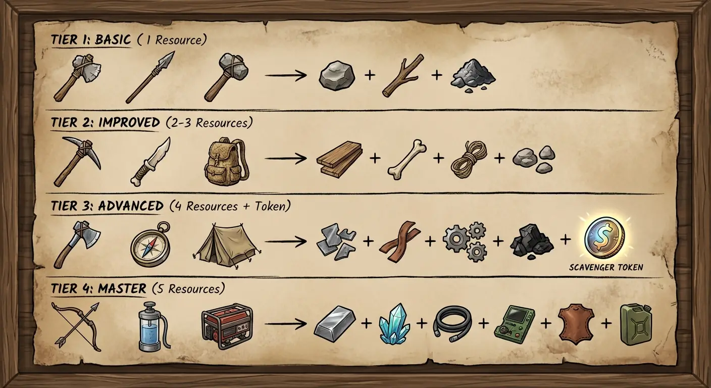 Tabla de Elaboración de Herramientas para Juego de Supervivencia con Requisitos de Recursos de 4 Niveles Salida