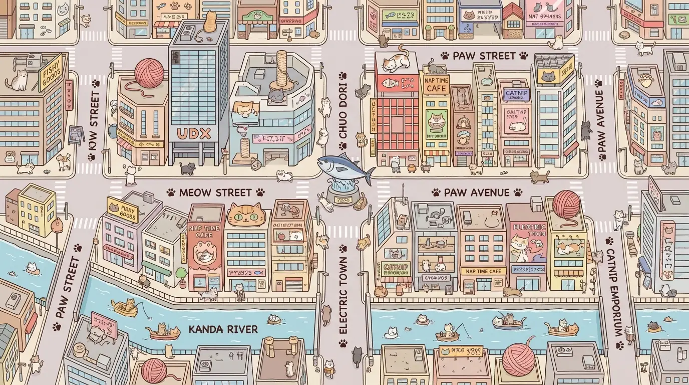 Mapa RPG de Akihabara Ocupado por Gatos con Diseño Caricaturesco y Lenguaje Felino Salida