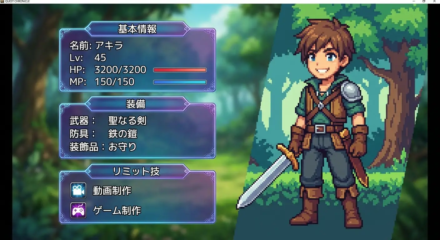 Panel de Estado de Personaje RPG Estilo Japonés con Personaje de Dibujos Animados 3D e Interfaz de Usuario Transparente Salida