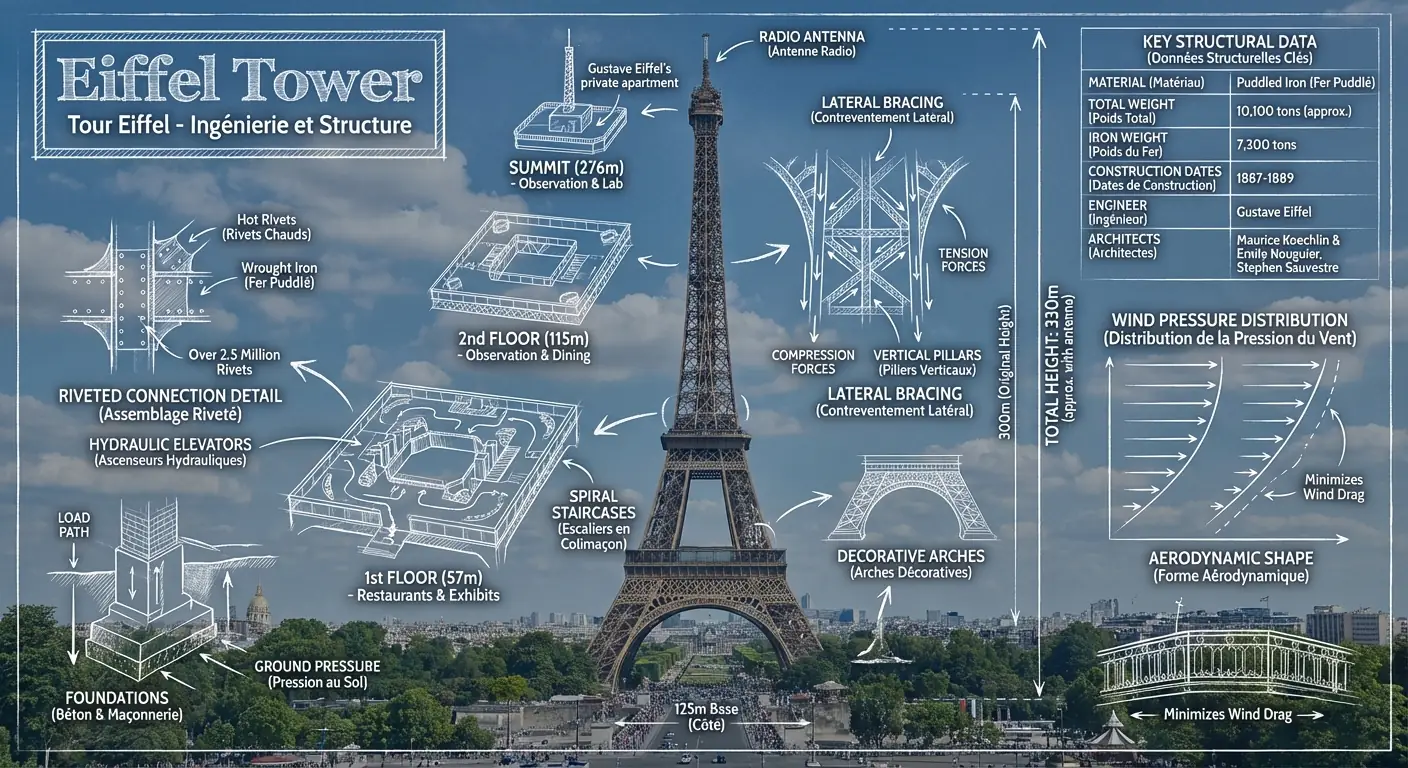 Infografía de la Torre Eiffel con Anotaciones Técnicas Estilo Plano sobre Foto Real Salida