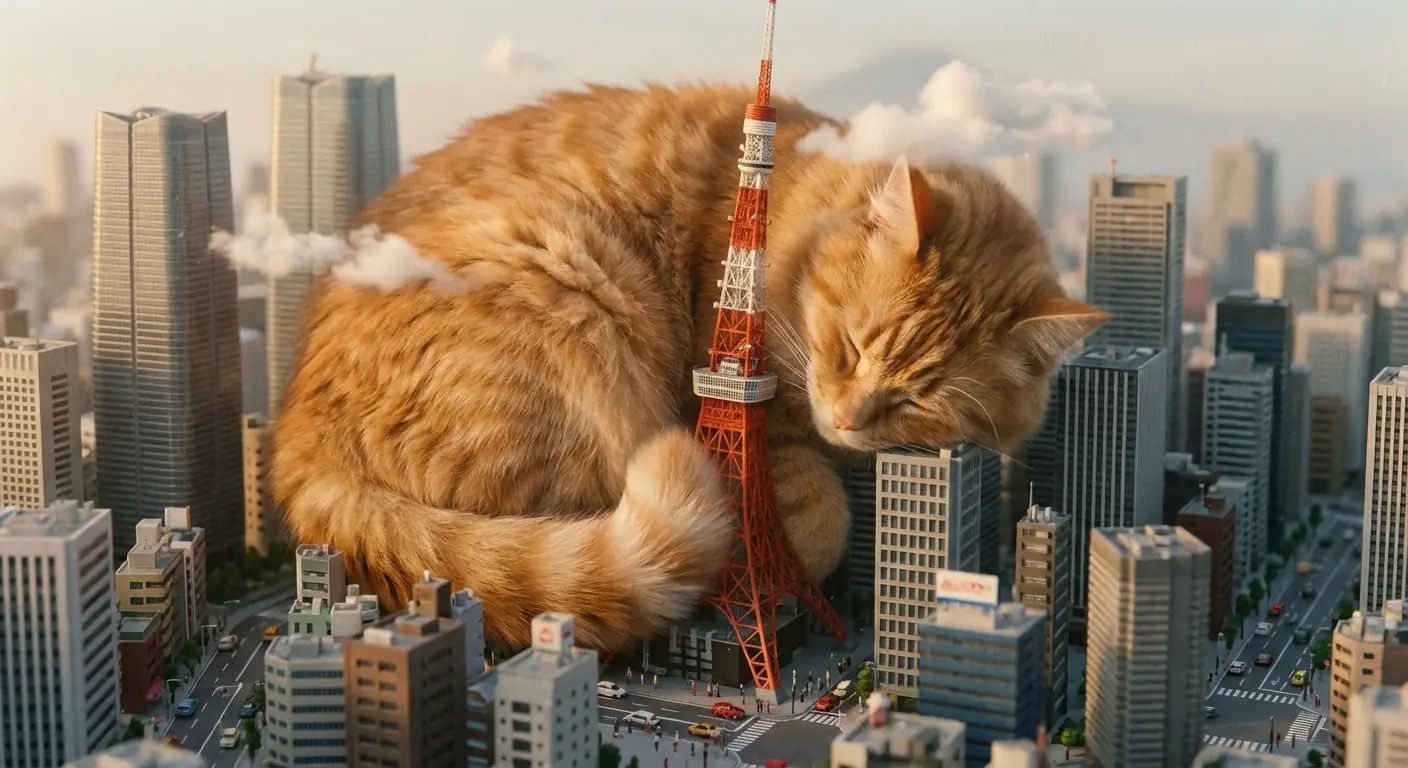Tokyo Tower를 점령한 거대한 귀여운 주황 태비 고양이, 현실 도시 장면 출력