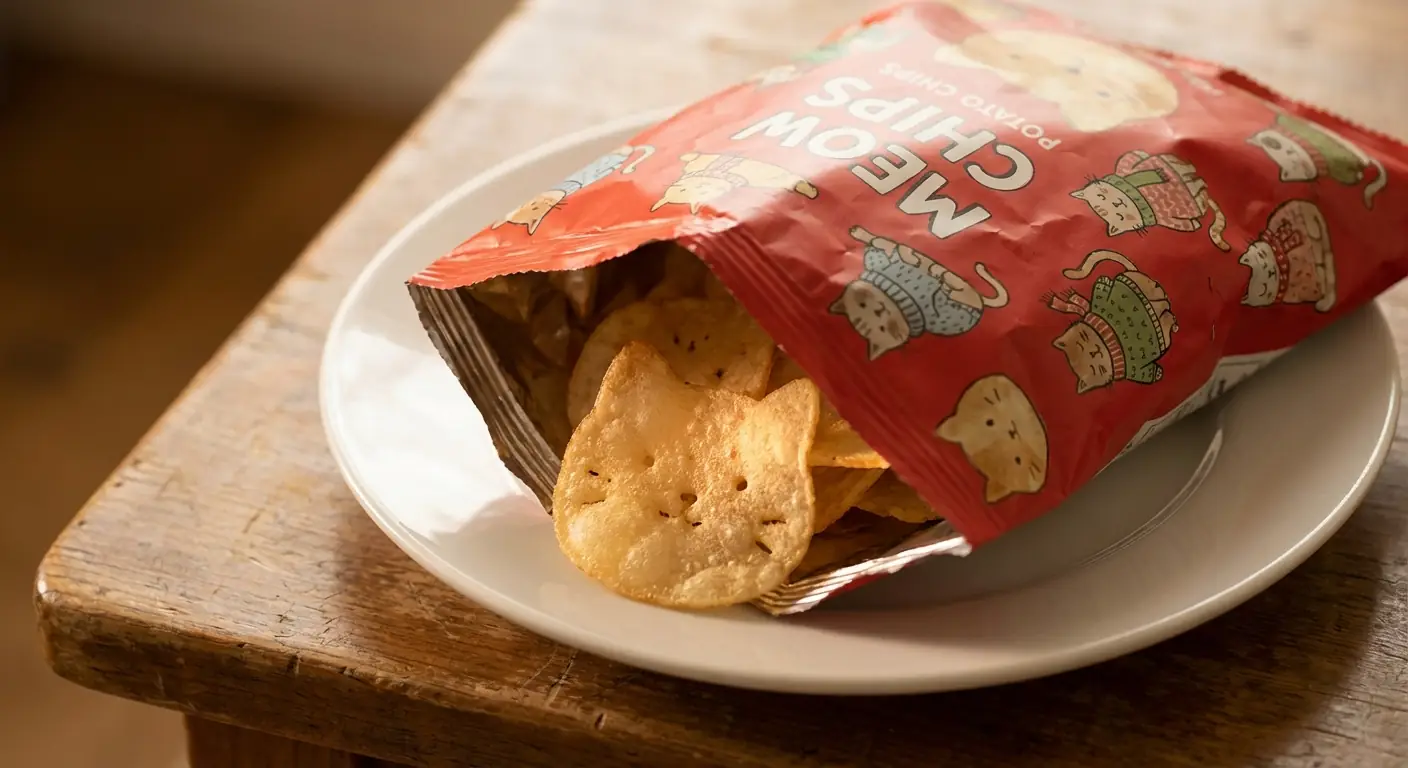 Adorables Papas Fritas con Forma de Gato en Empaque Temático de Gato con Efecto Translúcido Salida