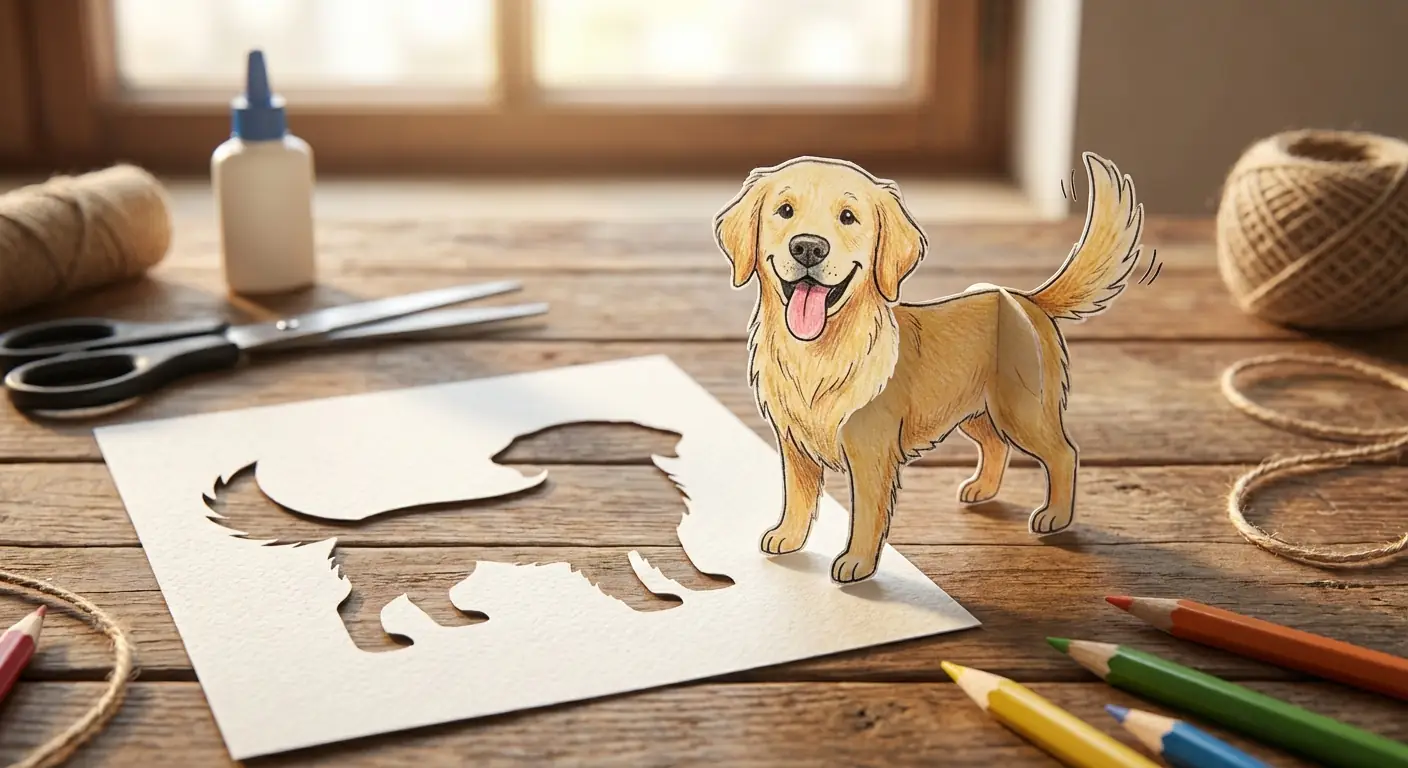 기발한 핸드메이드 종이 컷아웃 아트: 서 있는 3D Golden Retriever 출력