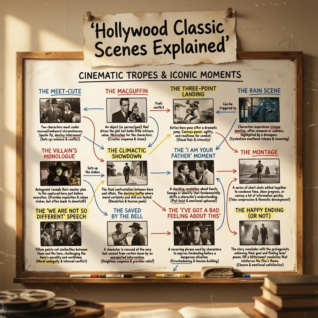 Pizarra de Tropos Clásicos del Cine Hollywood: 12+ Escenas Cinematográficas Icónicas Explicadas Salida