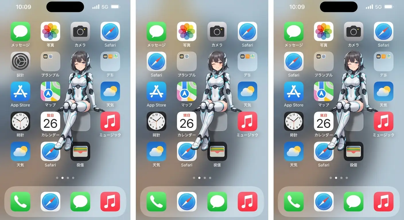 iPhone 화면 앱 아이콘 위에 앉은 메카 소녀: 피규어 스케일 3D 렌더 출력