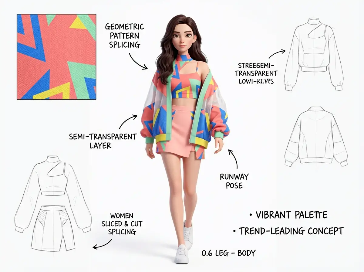 Moodboard de Moda 3D Pixar: Diseño de Ropa Urbana con Patrón Geométrico Abstracto Salida