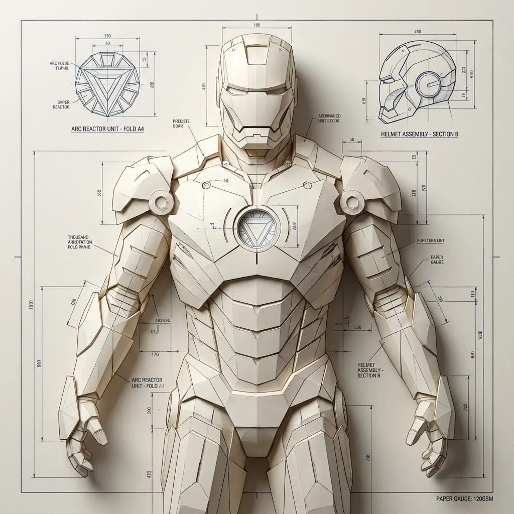 초고디테일 접힌 종이 블루프린트 디자인: Iron Man 캐릭터 출력