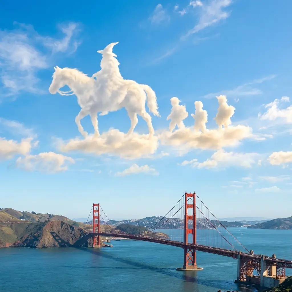 San Francisco Golden Gate Bridge 위 구름으로 형성된 마법사 실루엣 출력