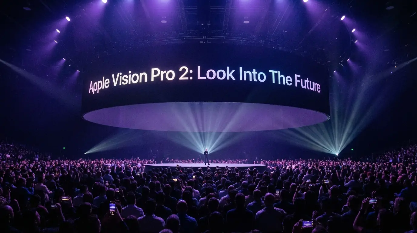 Apple 스타일 제품 론칭 이벤트 사진: 와이드 커브드 스크린이 있는 대형 무대 출력